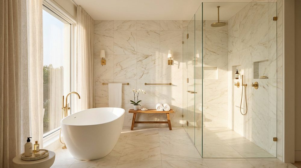 Spa-style custom bathroom with a freestanding tub and walk-in shower