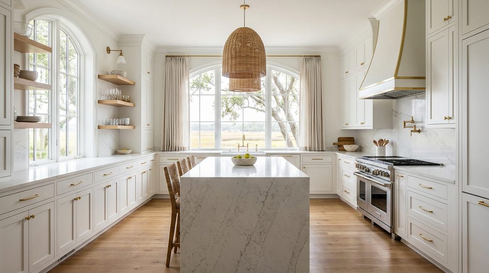 Custom kitchen remodel with white cabinetry and a natural stone island
