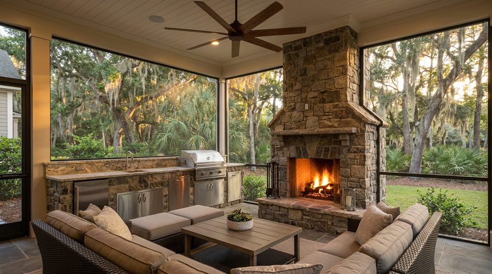 Covered outdoor living space with a porch and built-in outdoor kitchen