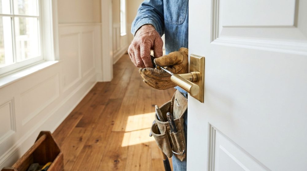 Carpenter installing new brass hardware on a white interior door