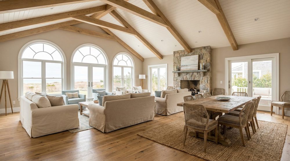 Open-concept whole-home renovation with hardwood floors and large windows